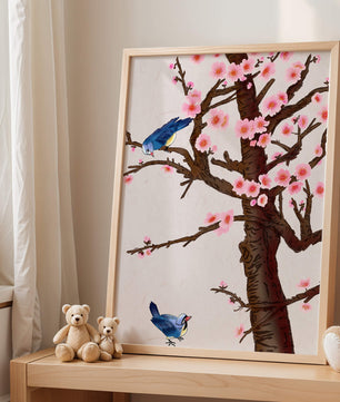 Ilustración encantadora de un árbol de cerezo con pájaros