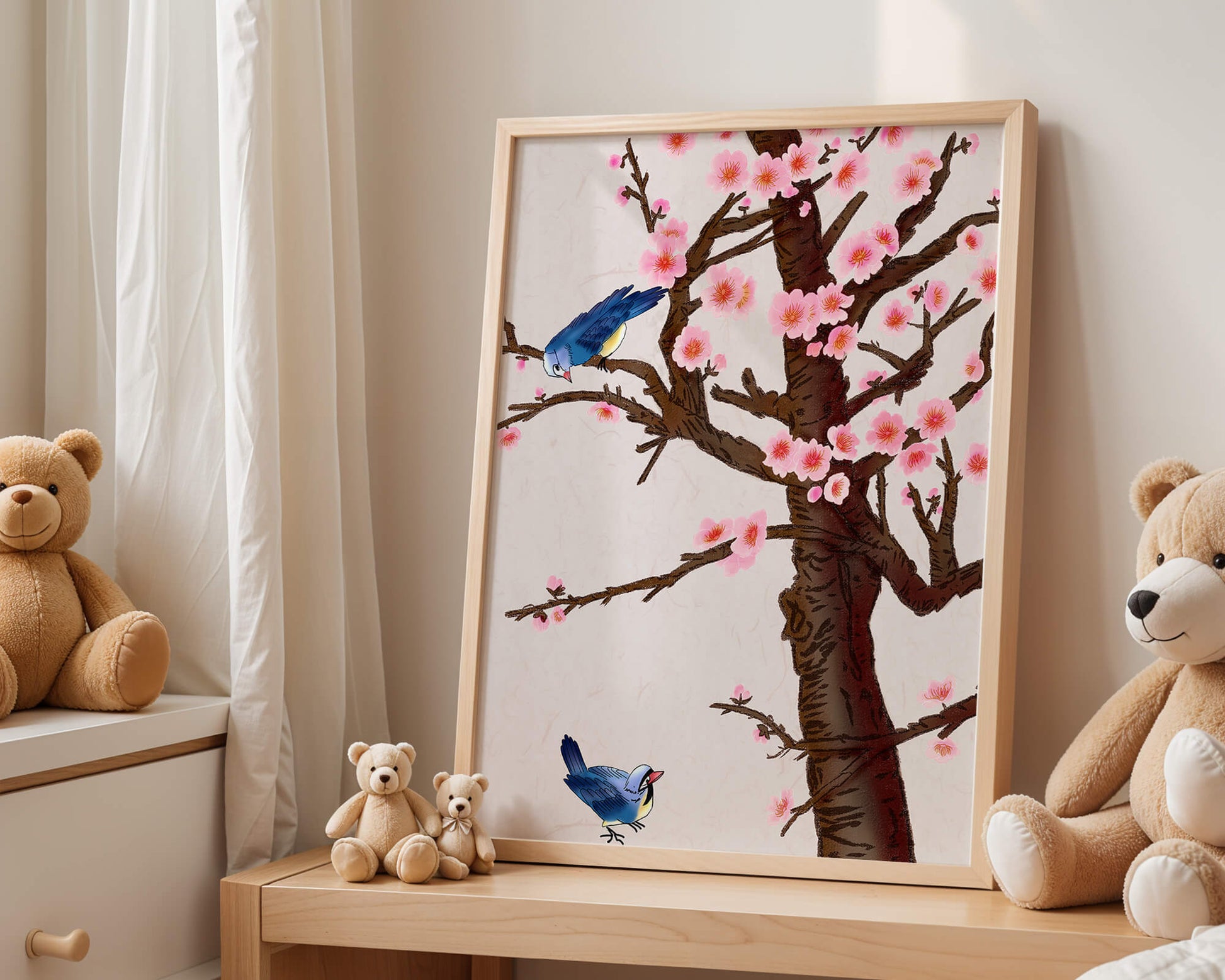 Charming illustration of cherry blossom tree with birds