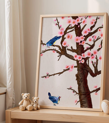 Charming illustration of cherry blossom tree with birds