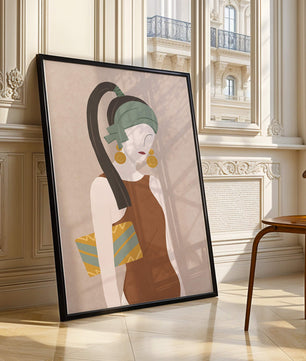 Retrato de mujer estilizado con colores apagados y elementos geométricos