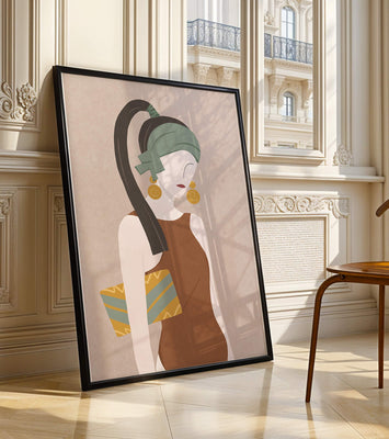 Stylized woman portrait with muted colors and geometric elements