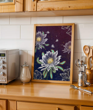 Lotus Flowers and Butterflies in a Starry Night Sky with Gold Accents - Mi tienda