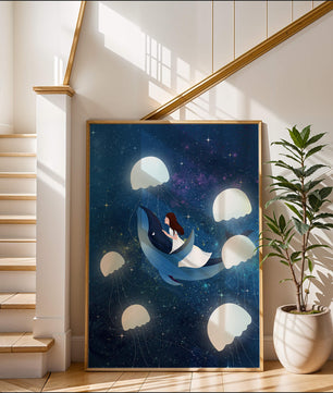 Dreamlike scene of a girl riding a whale among jellyfish in space