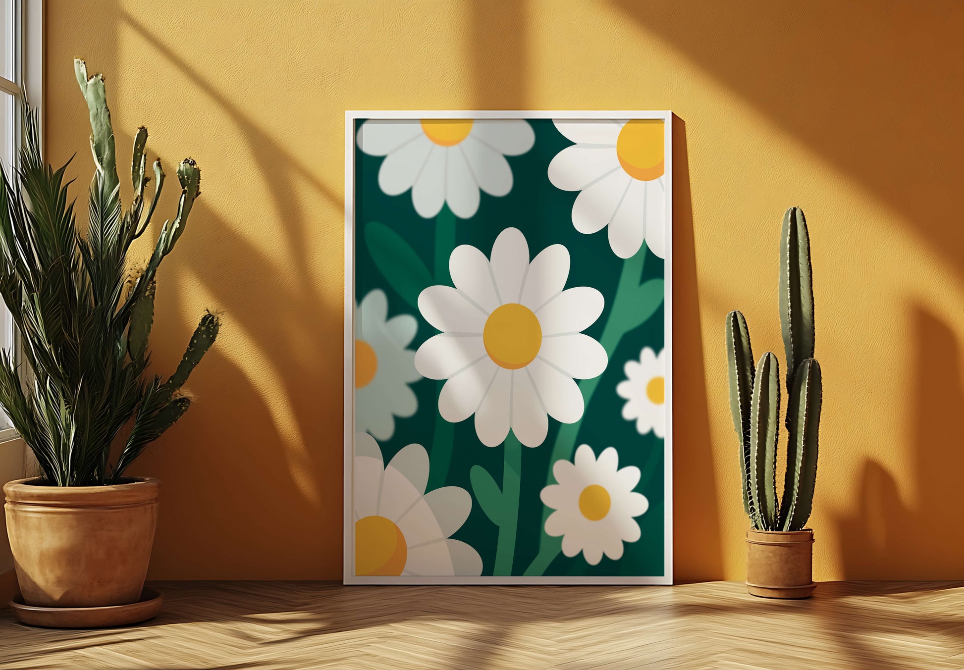 Margaritas sobre fondo verde oscuro con diseño abstracto