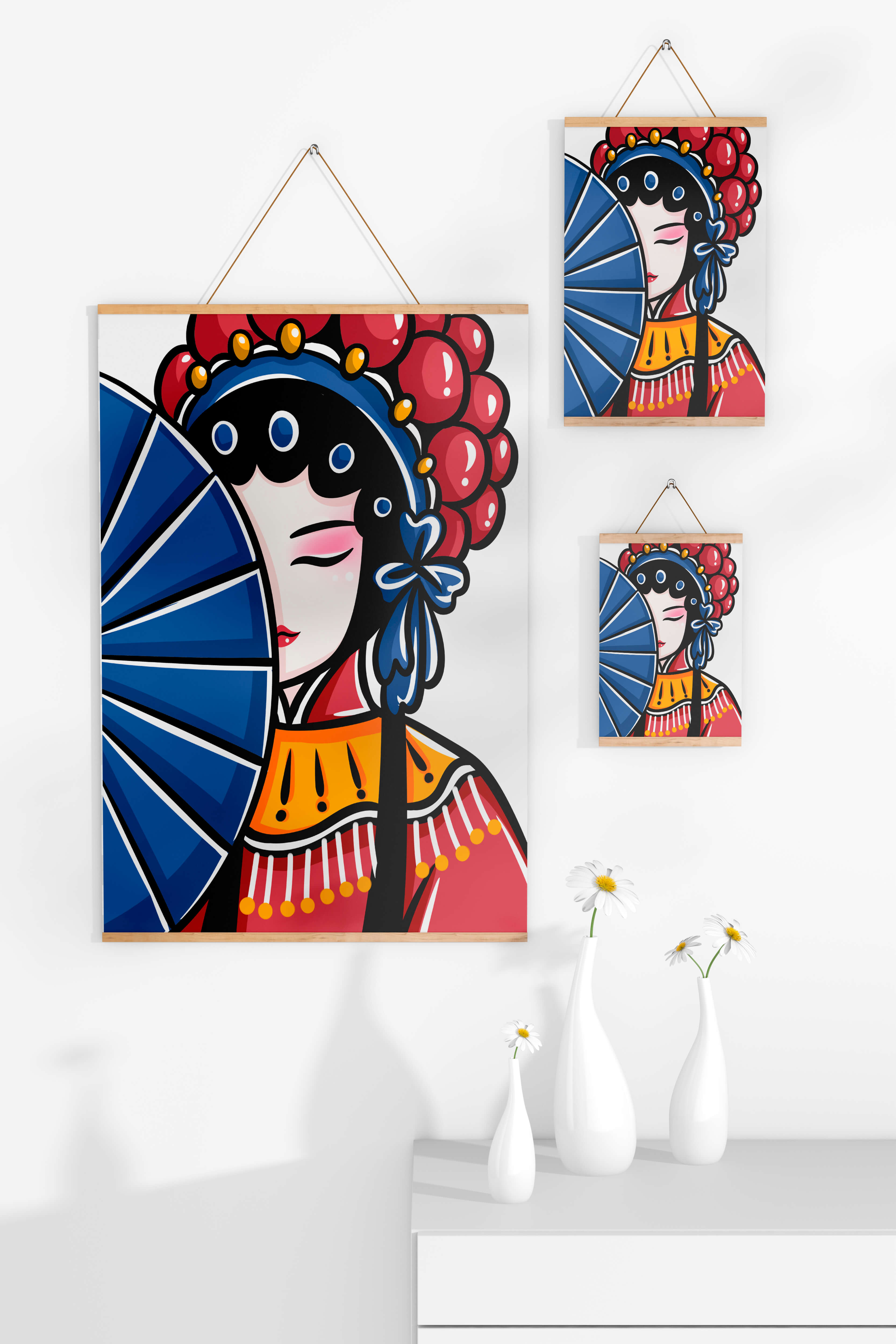 Traditional Asian opera character with fan and decorative headpiece