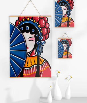 Traditional Asian opera character with fan and decorative headpiece