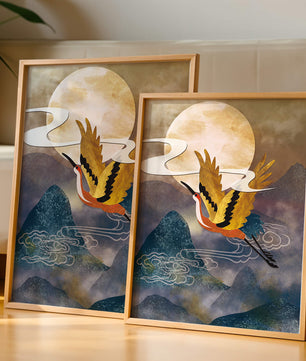 Majestic Gold-Crimson Crane Flying Over Misty Mountains in Moonlight