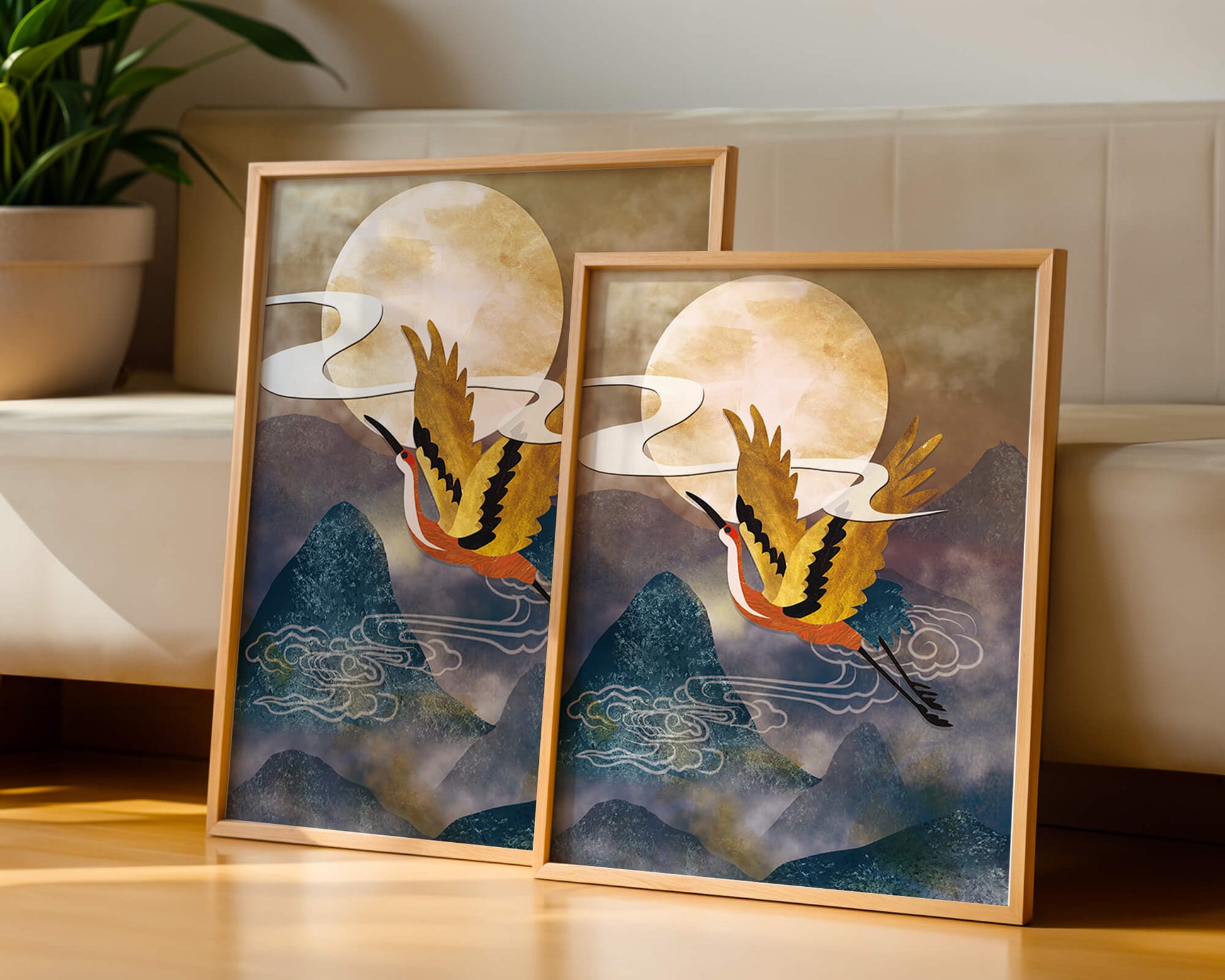Majestic Gold-Crimson Crane Flying Over Misty Mountains in Moonlight