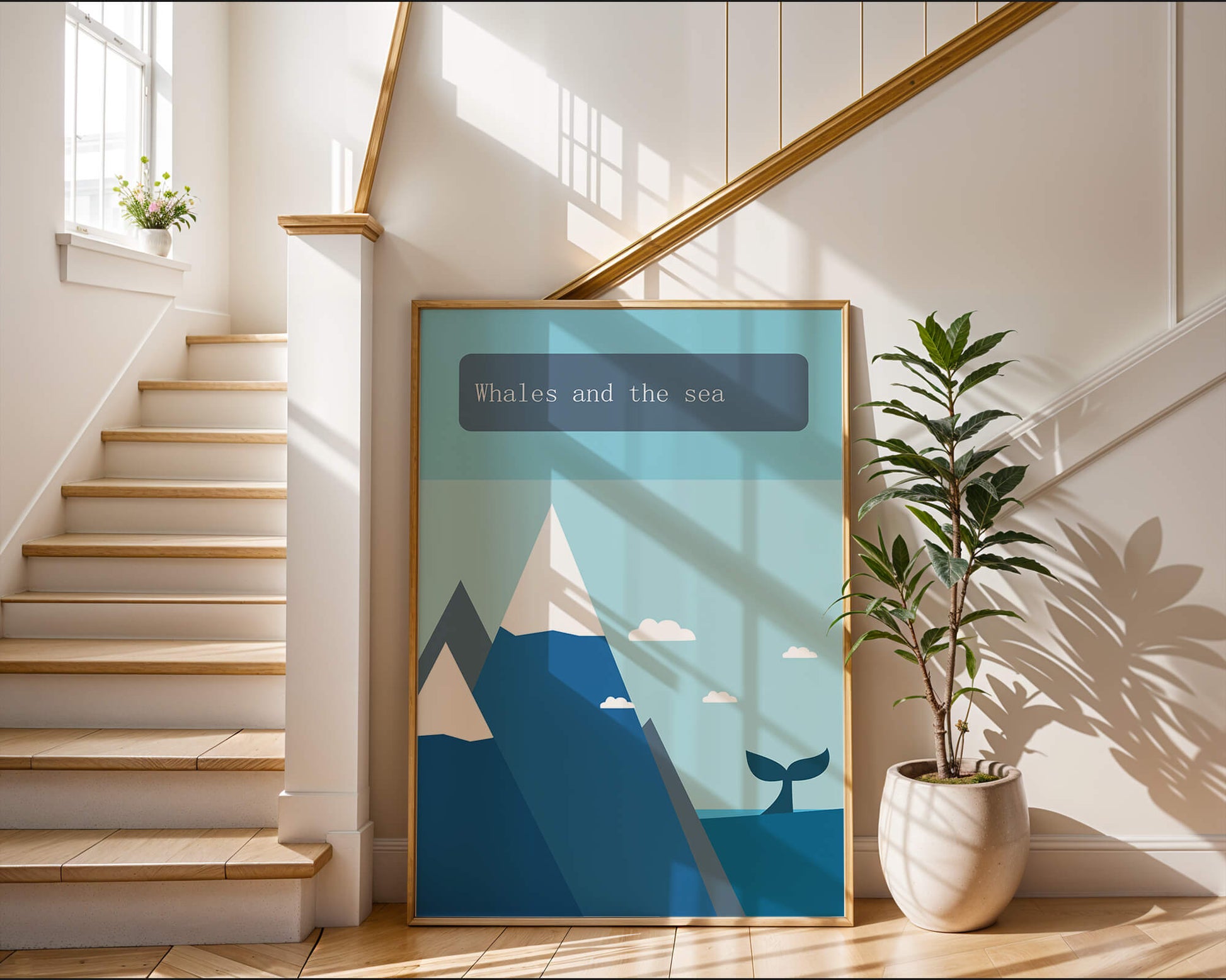Whale and mountain illustration with sea and sky background