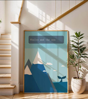 Whale and mountain illustration with sea and sky background