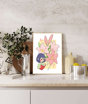 Illustration d'une fille lisant avec de grands lys roses en arrière-plan