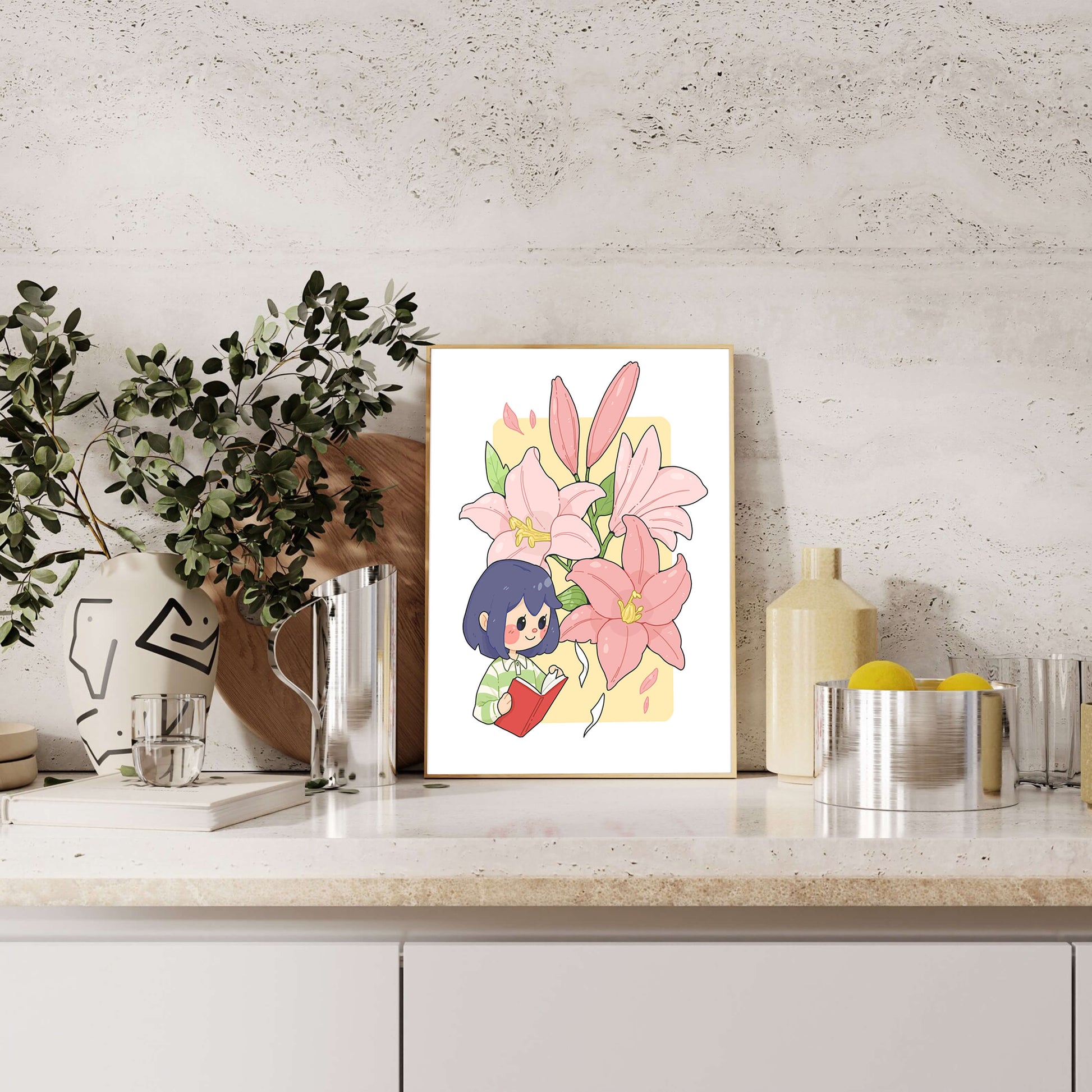 Illustration of a girl reading with large pink lilies in the background