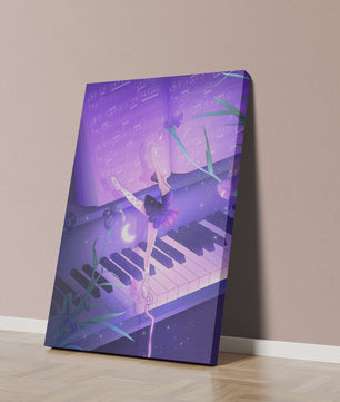 Graceful Ballerina Dancing on Piano Amidst Flowers and Musical Notes