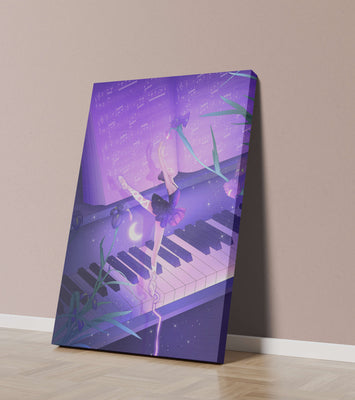 Graceful Ballerina Dancing on Piano Amidst Flowers and Musical Notes