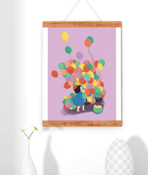 Bunte Luftballons mit einem Kind und einer Katze auf violettem Hintergrund