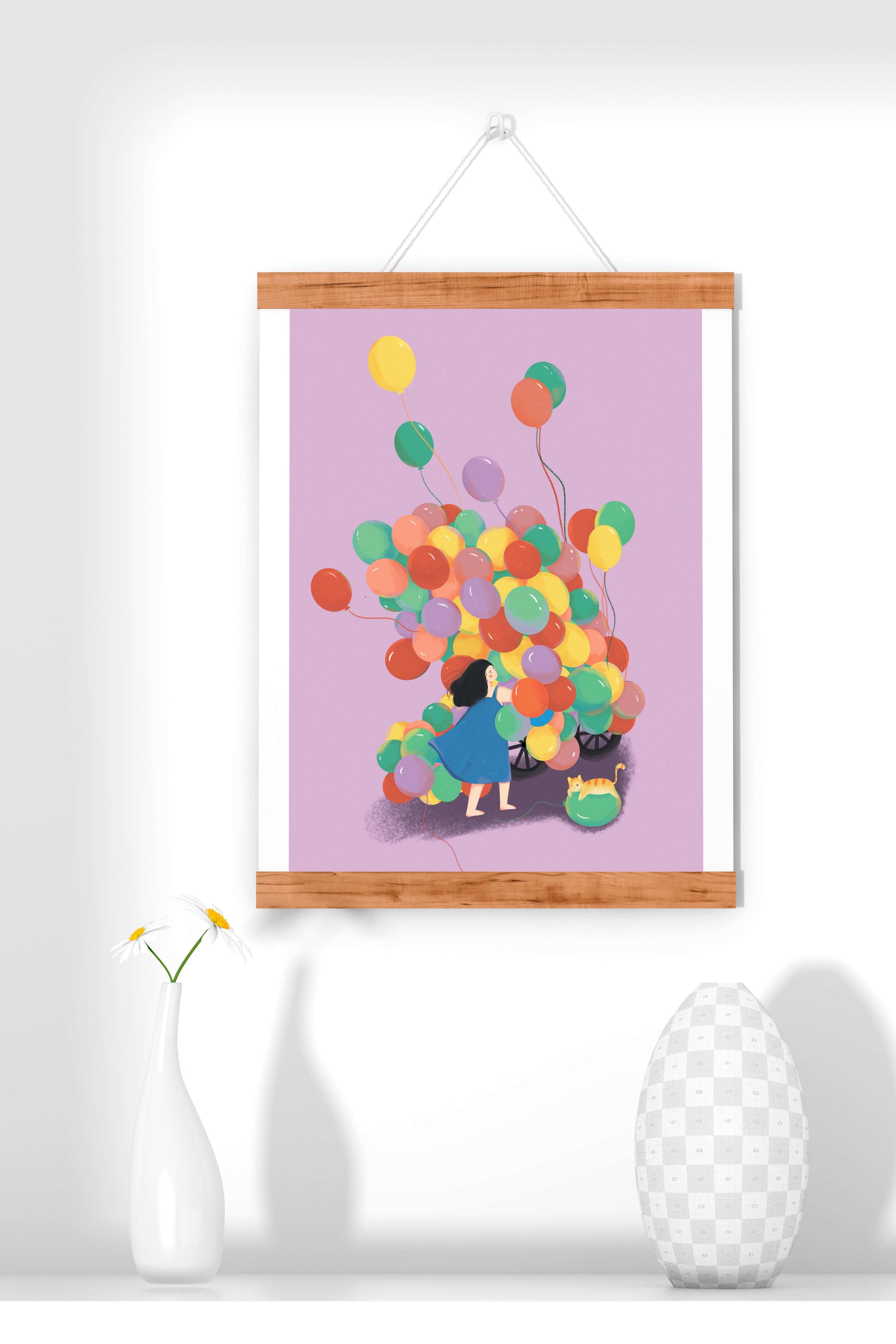 Bunte Luftballons mit einem Kind und einer Katze auf violettem Hintergrund