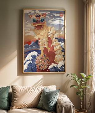 Traditionelle chinesische Löwentanzkunst mit malerischem Hintergrund