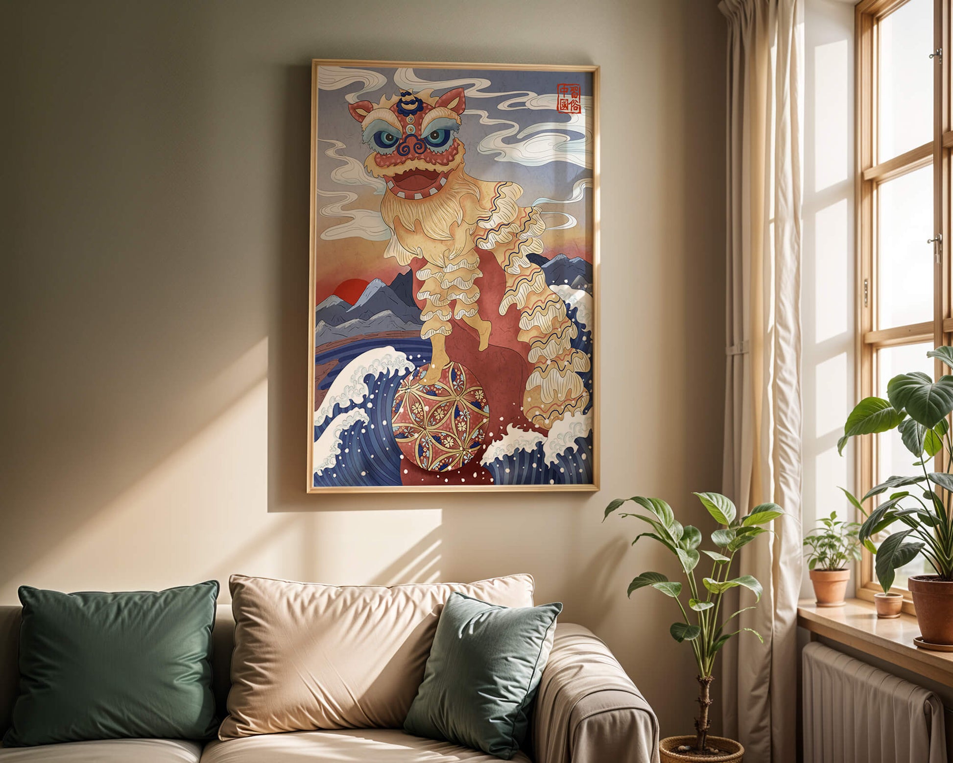 Traditionelle chinesische Löwentanzkunst mit malerischem Hintergrund