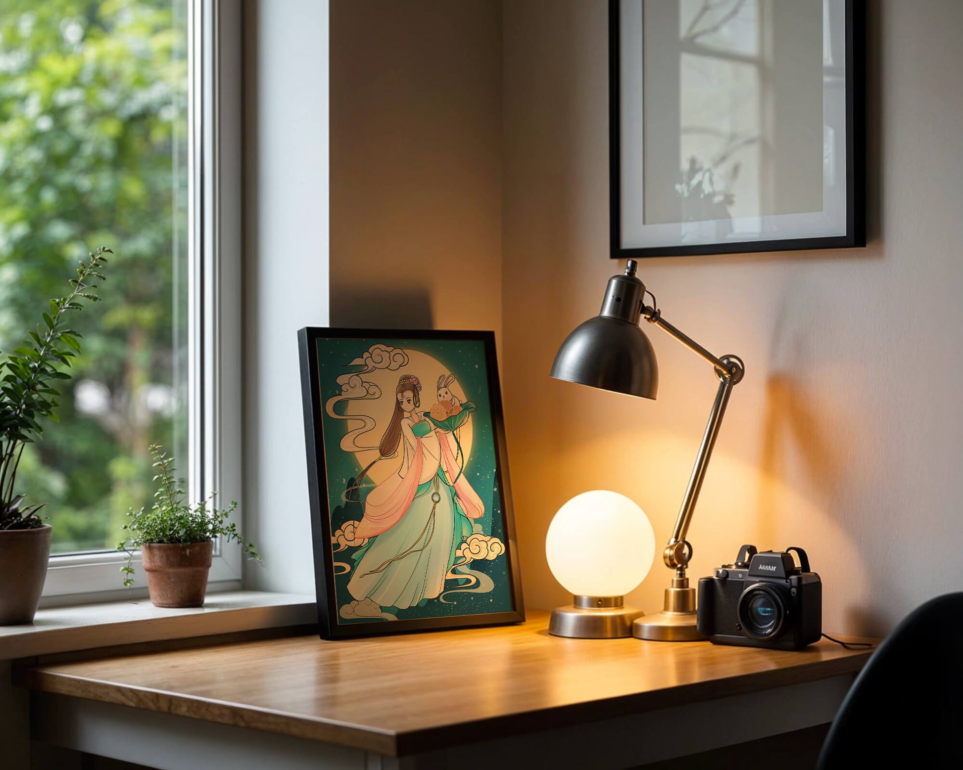 Traditional Asian-inspired artwork featuring a woman and rabbit under a moonlit sky