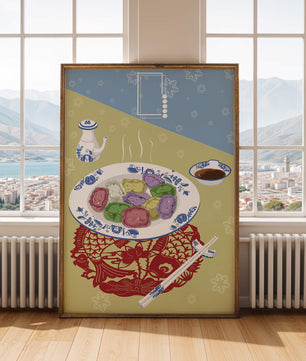 Colorful dumplings and tea set on decorative mat
