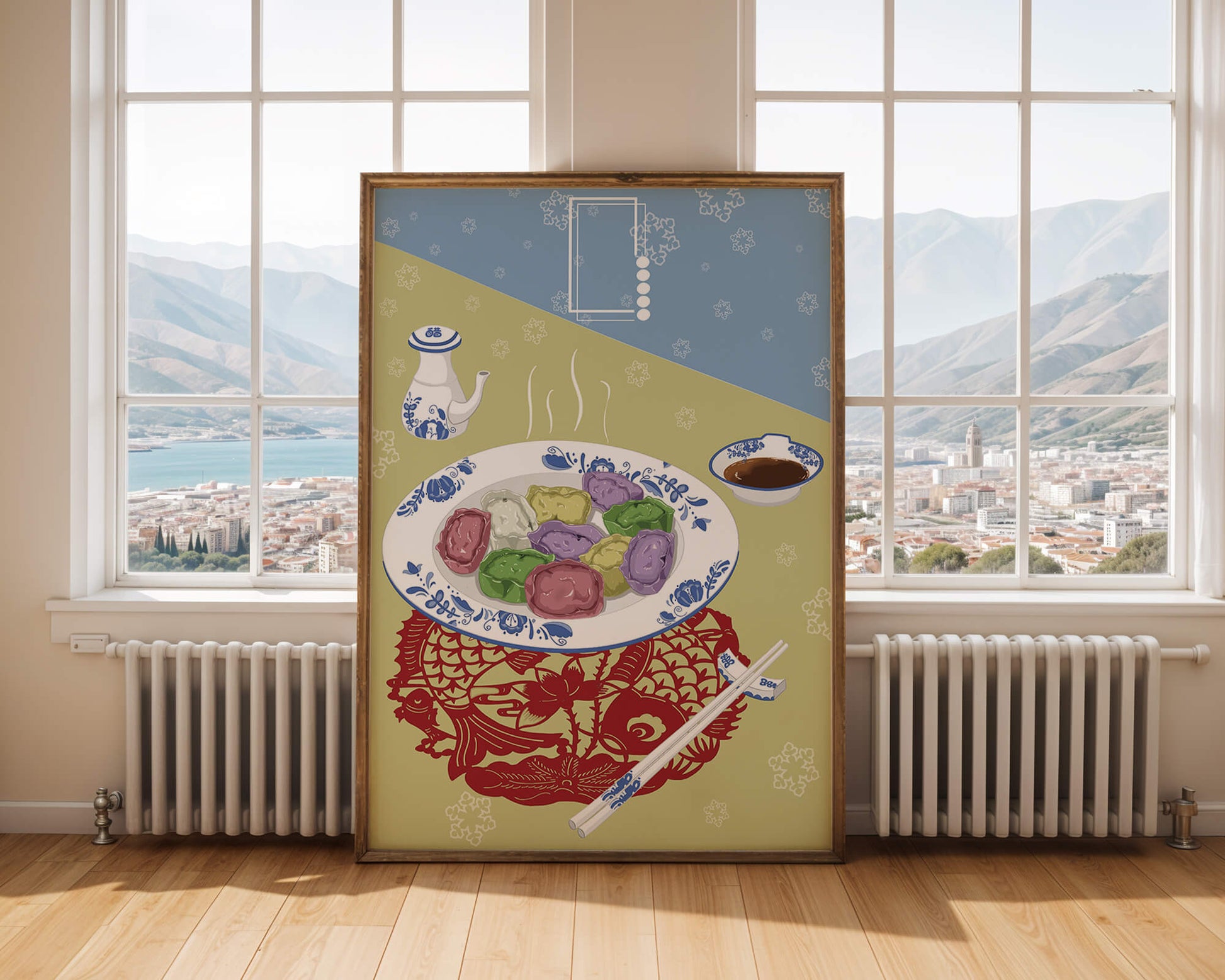 Colorful dumplings and tea set on decorative mat