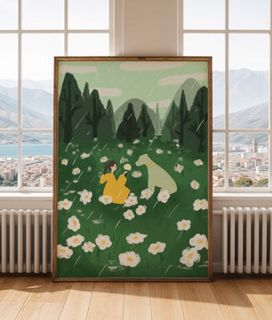 Woman and Dog in a Serene Rainy Meadow with Flowers