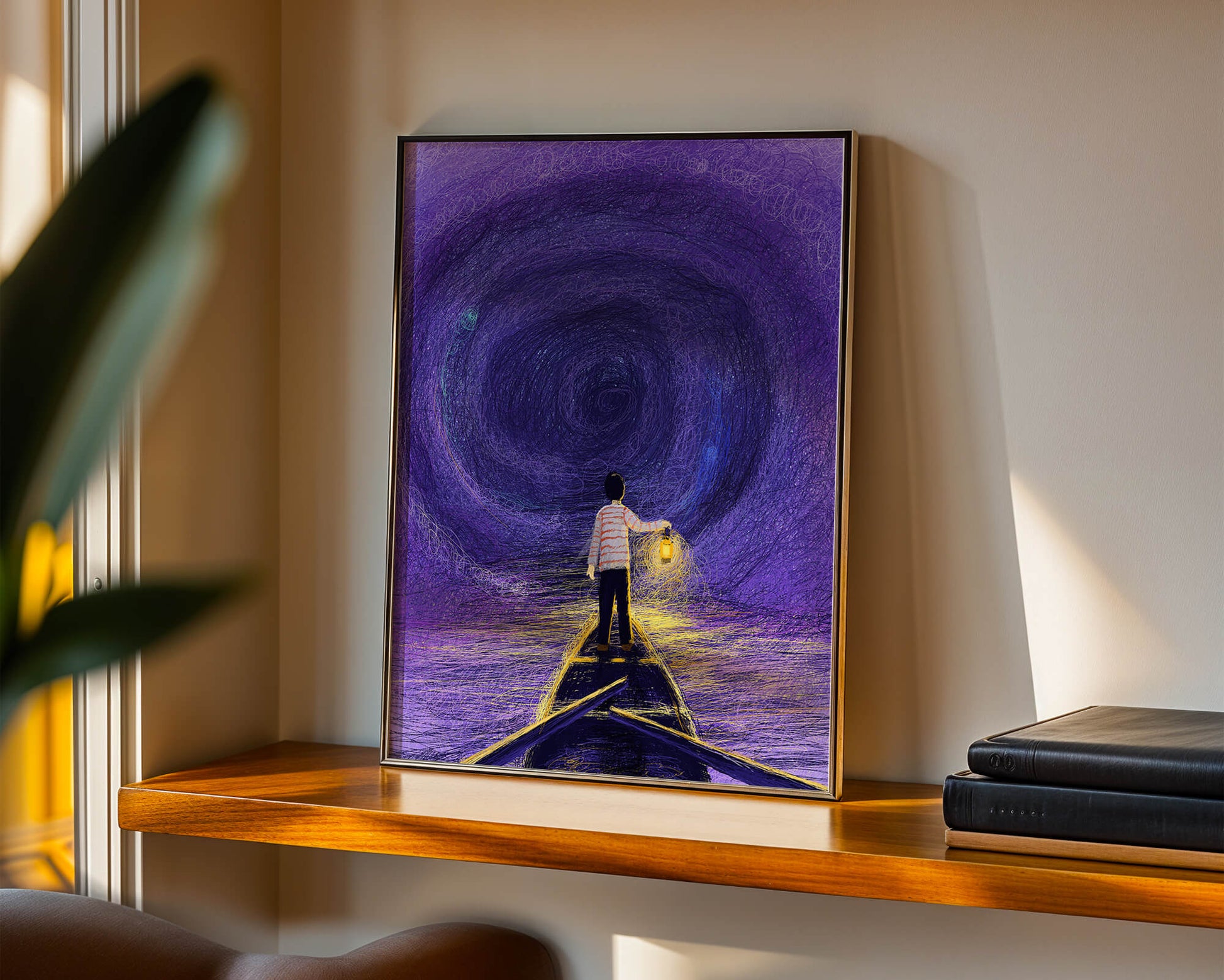 A boy holding a lantern on a boat in a swirling purple vortex