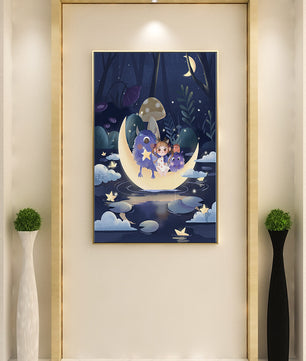 Escena nocturna onírica con un niño y monstruos amigables sobre una luna creciente