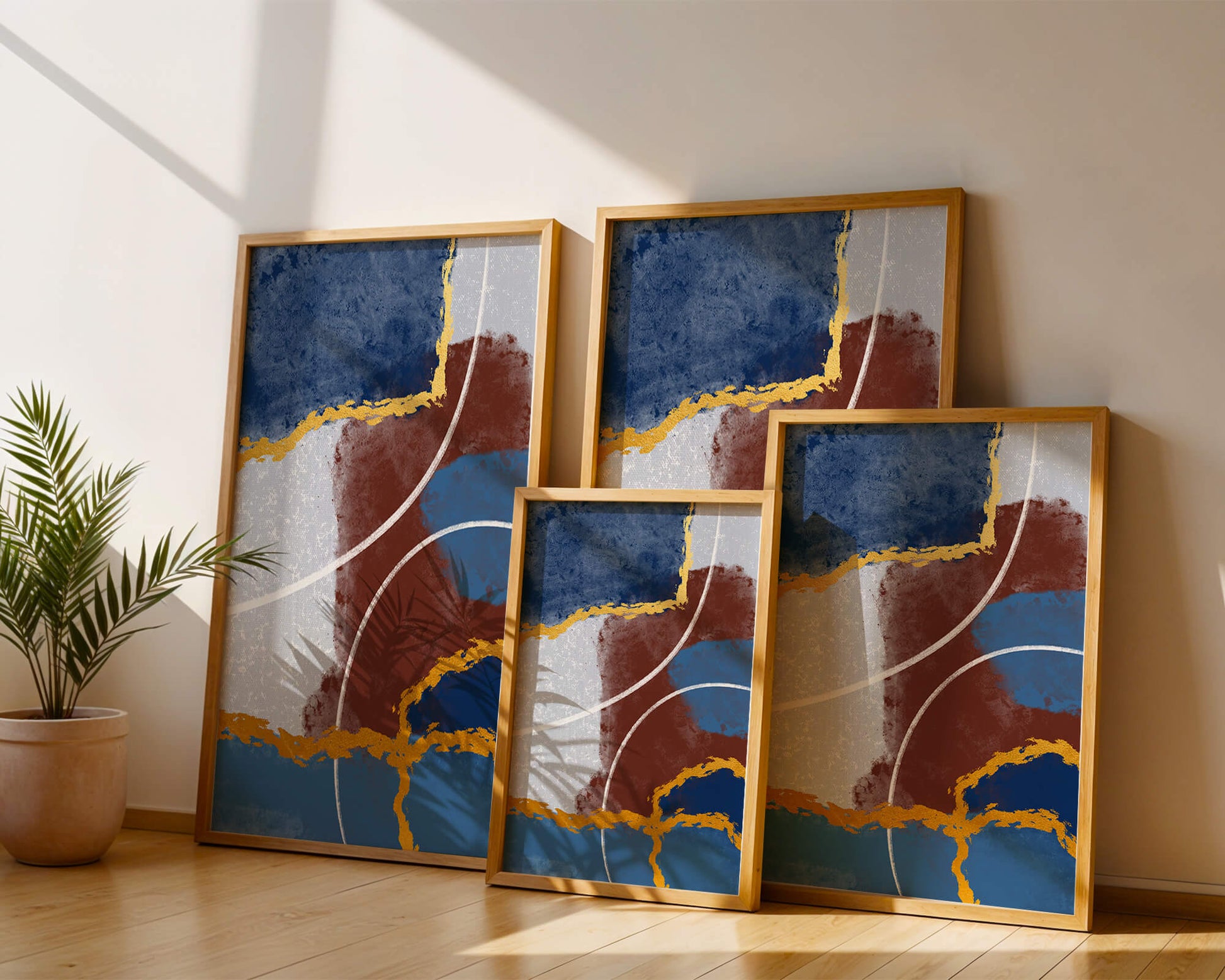 Abstract painting with gold accents and geometric elements