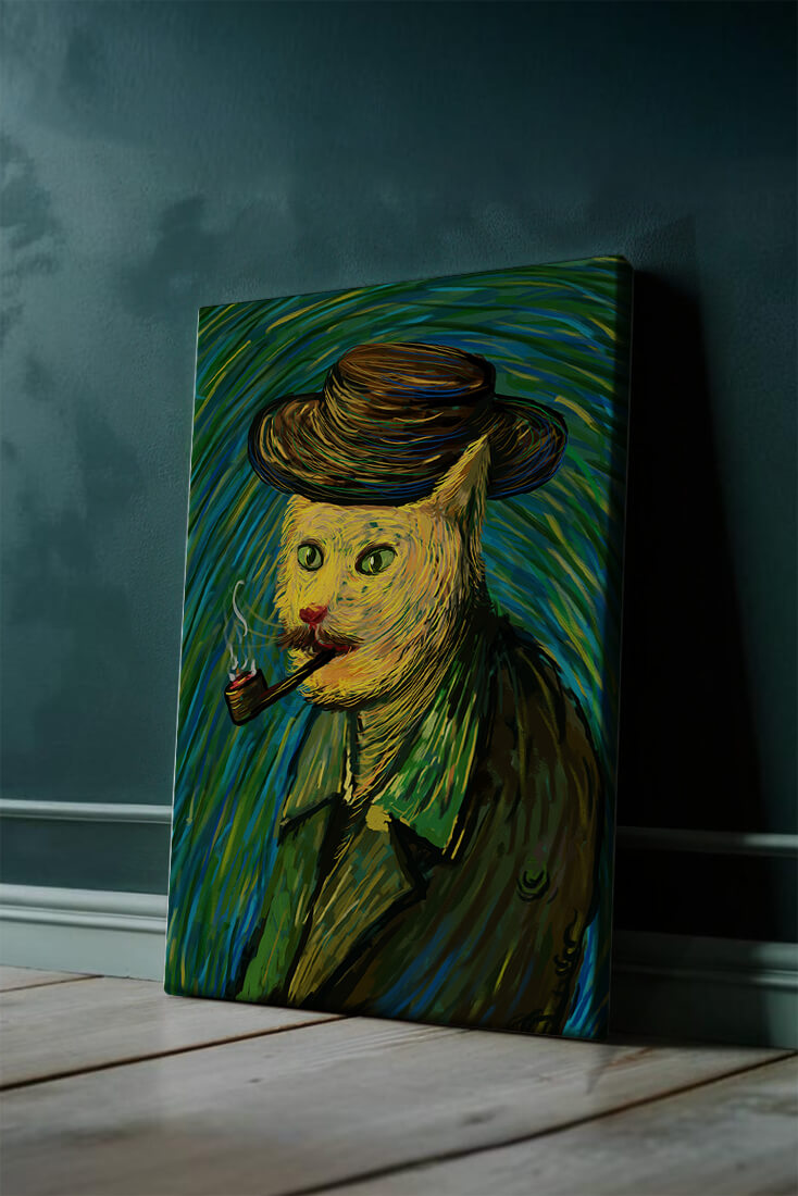 Gato caprichoso fumando una pipa en un estilo pictórico vibrante