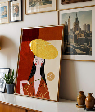 Elegant Woman with a Gold Hat and a Flower on a Red Background - Mi tienda