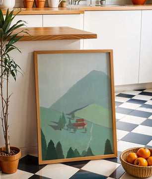 Ruhige Berglandschaft mit Haus und Bäumen