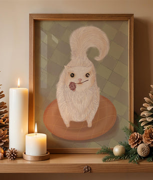 Illustration of fluffy cat with rose on a cushion