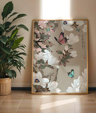 Mariposas y flores con colores pastel suaves y composición floral artística