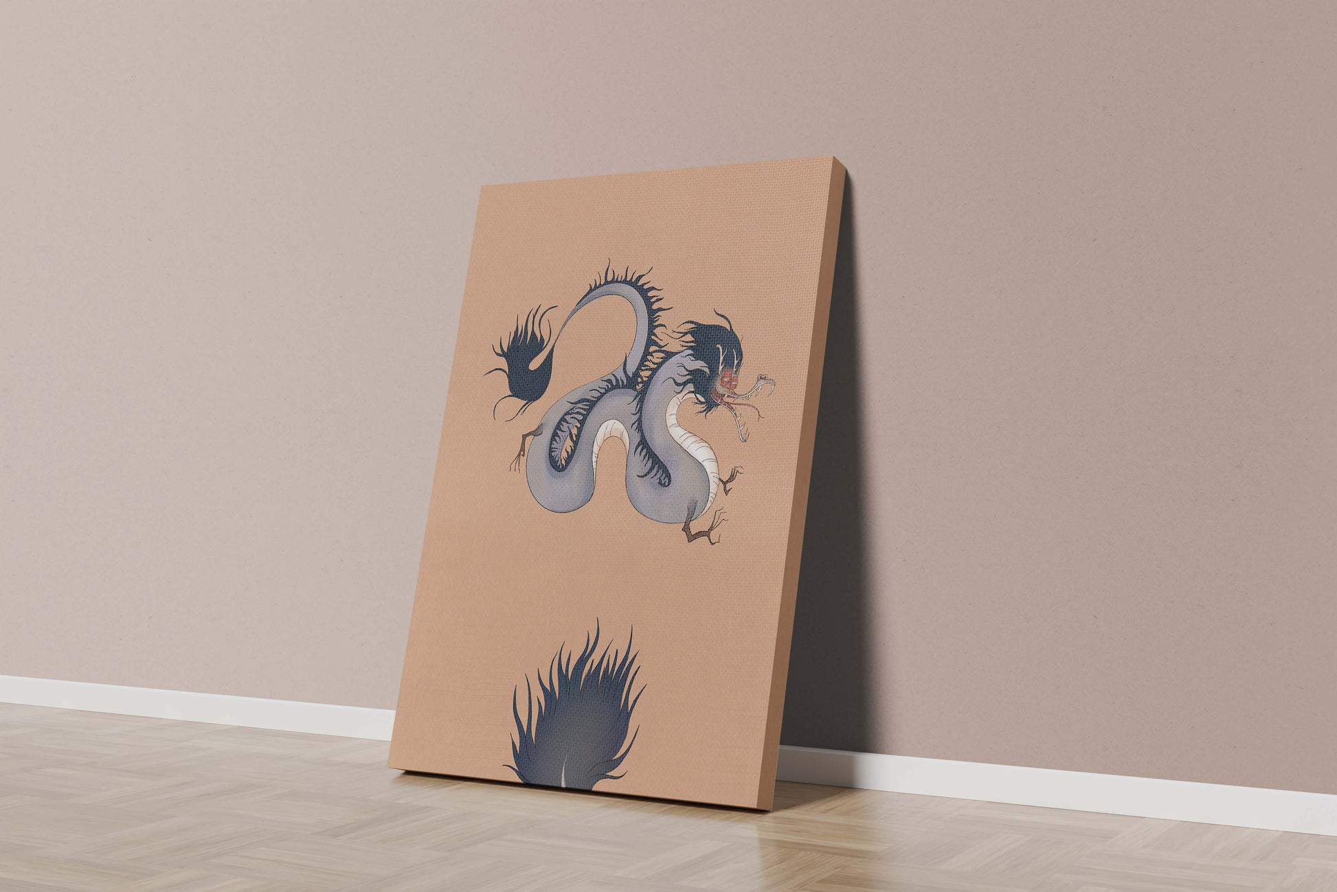 Illustration of a mystical dragon with fluid form on a beige background