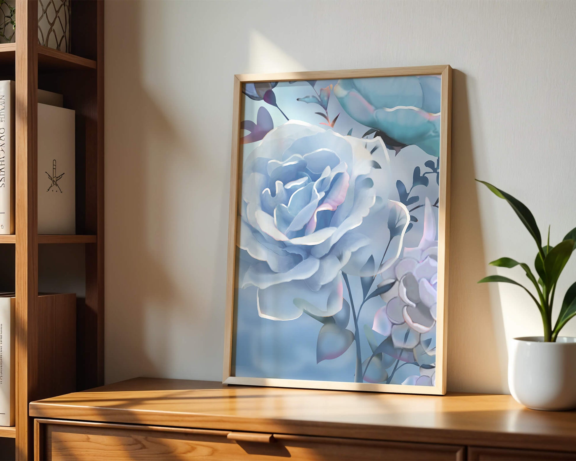 Rosas azules serenas con hojas delicadas sobre fondo suave