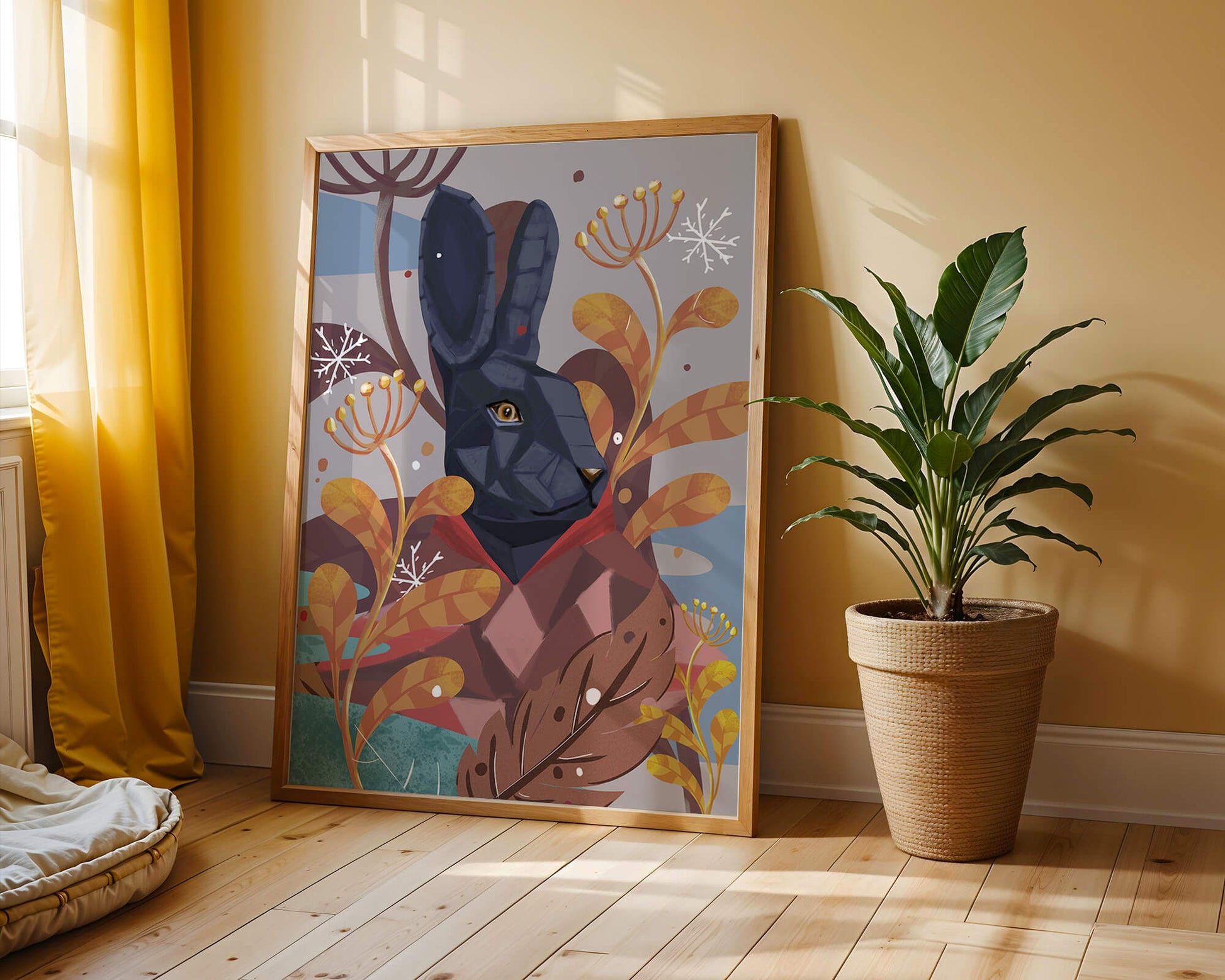 Abstract geometric rabbit in a vibrant autumn floral setting