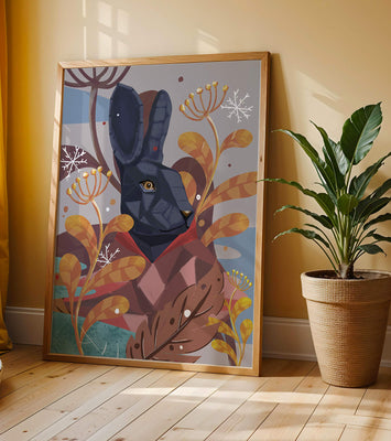 Abstract geometric rabbit in a vibrant autumn floral setting