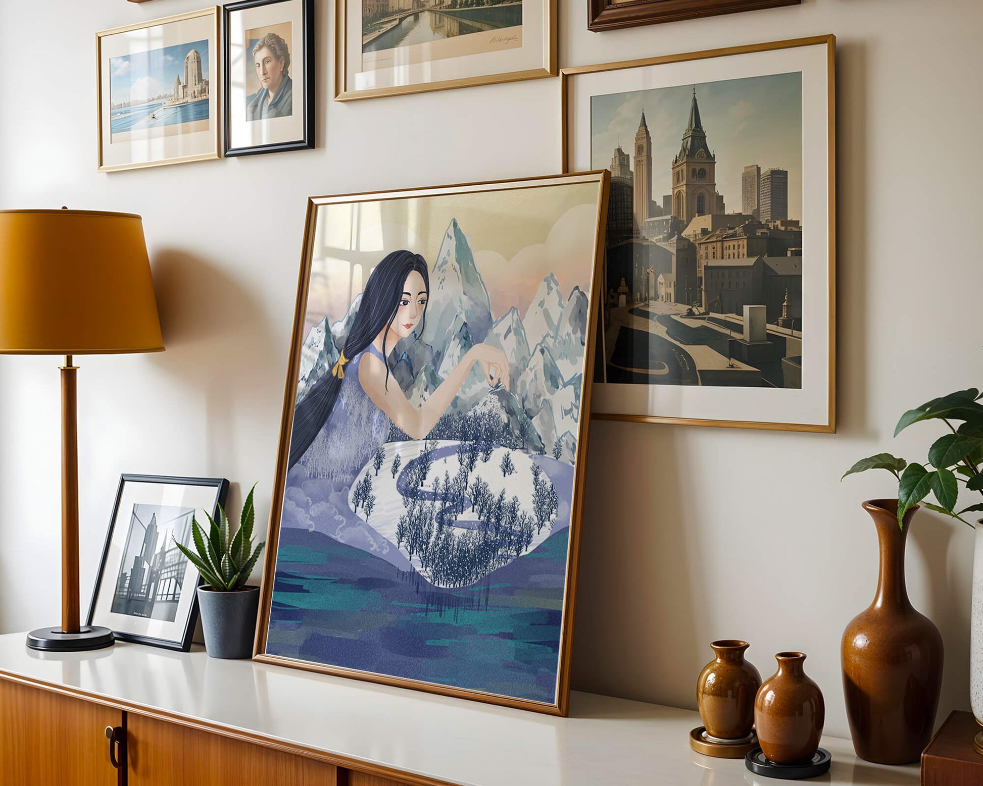 Majestic Woman Overlooking Snowy Mountain Landscape