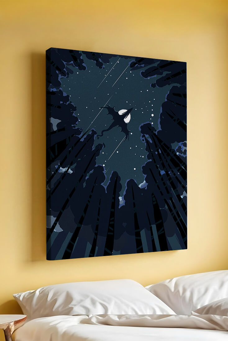 Dragon flying through starry night sky above dark forest