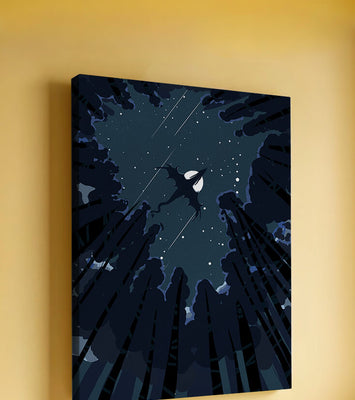 Dragon flying through starry night sky above dark forest
