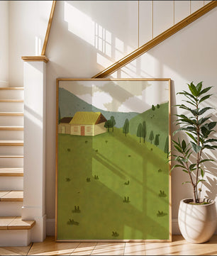 Charming countryside landscape with house and green hills