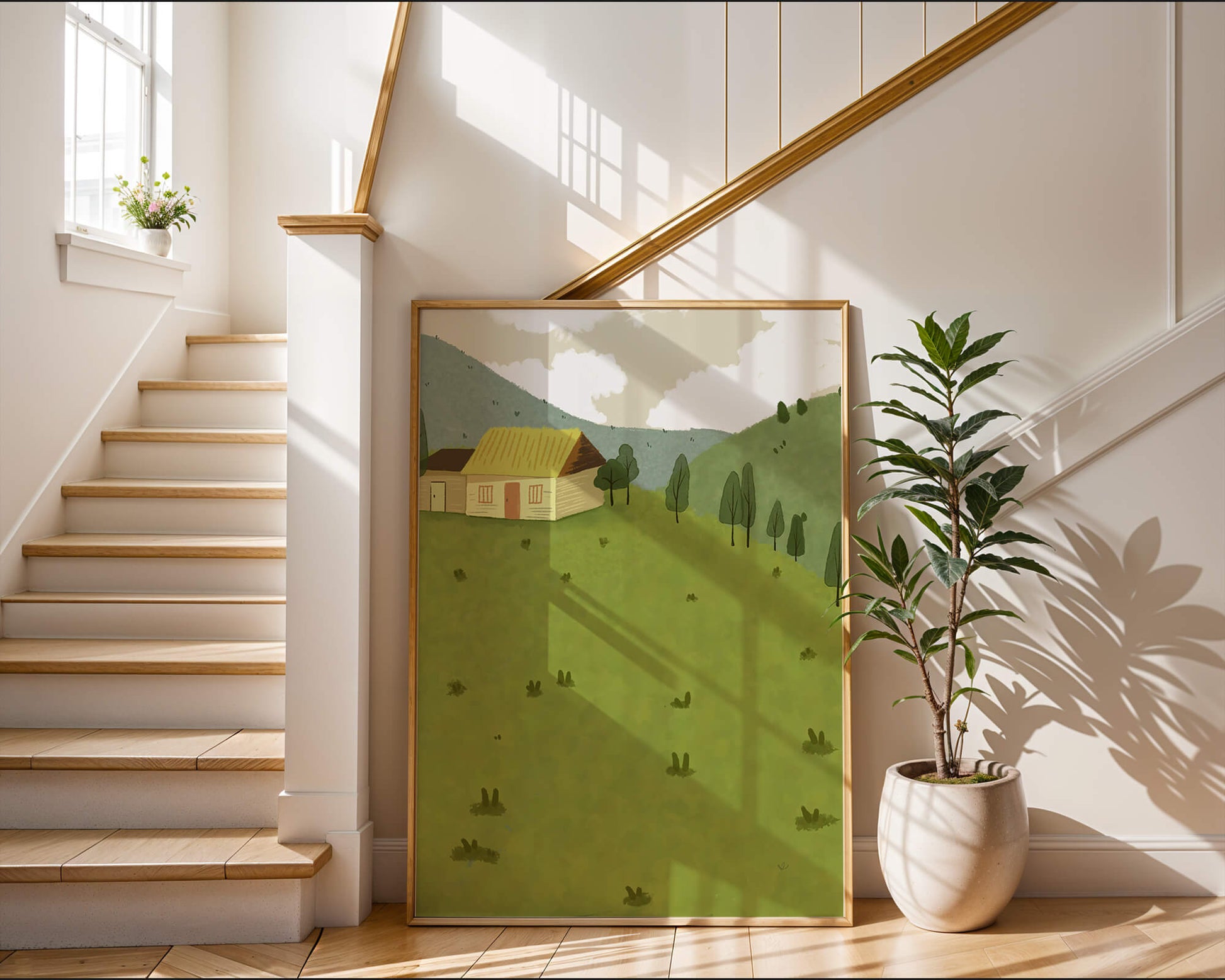 Charming countryside landscape with house and green hills