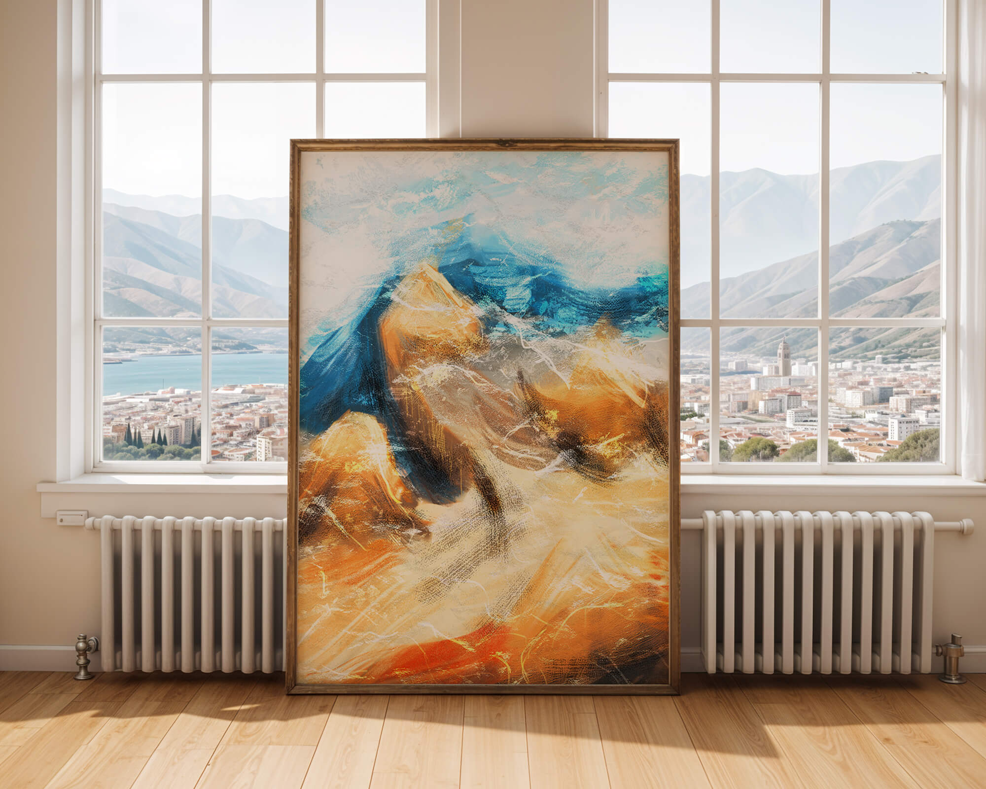 Abstract landscape with blue and golden hues