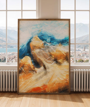 Paisaje abstracto con tonos azules y dorados