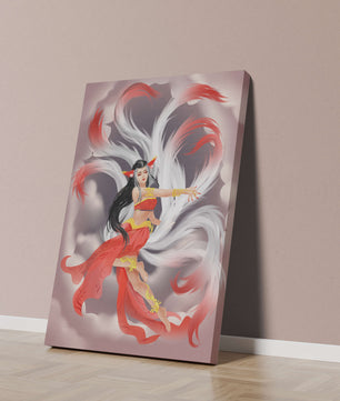 Graceful fantasy fox spirit with flowing tails and red attire in mystical clouds