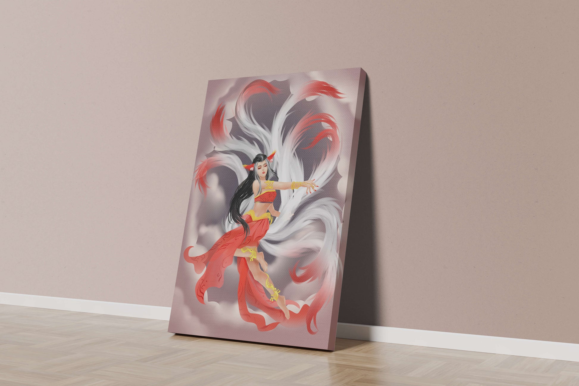 Graceful fantasy fox spirit with flowing tails and red attire in mystical clouds