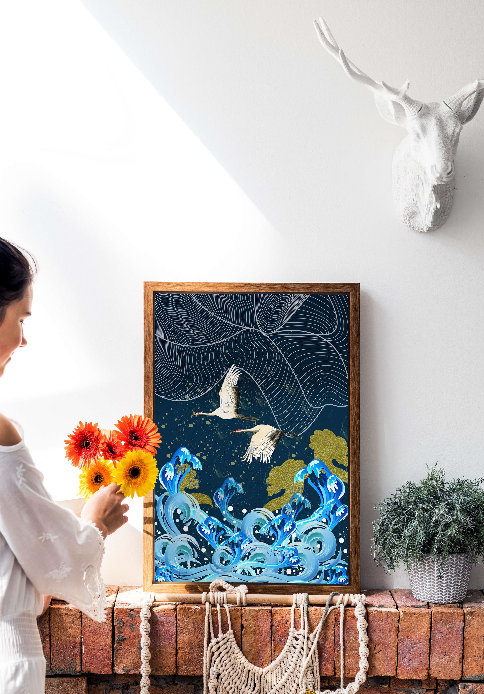 Elegant Cranes Flying Over Golden Waves and Artistic Ocean