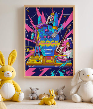 Ilustración temática vibrante de música rock con instrumentos y artistas