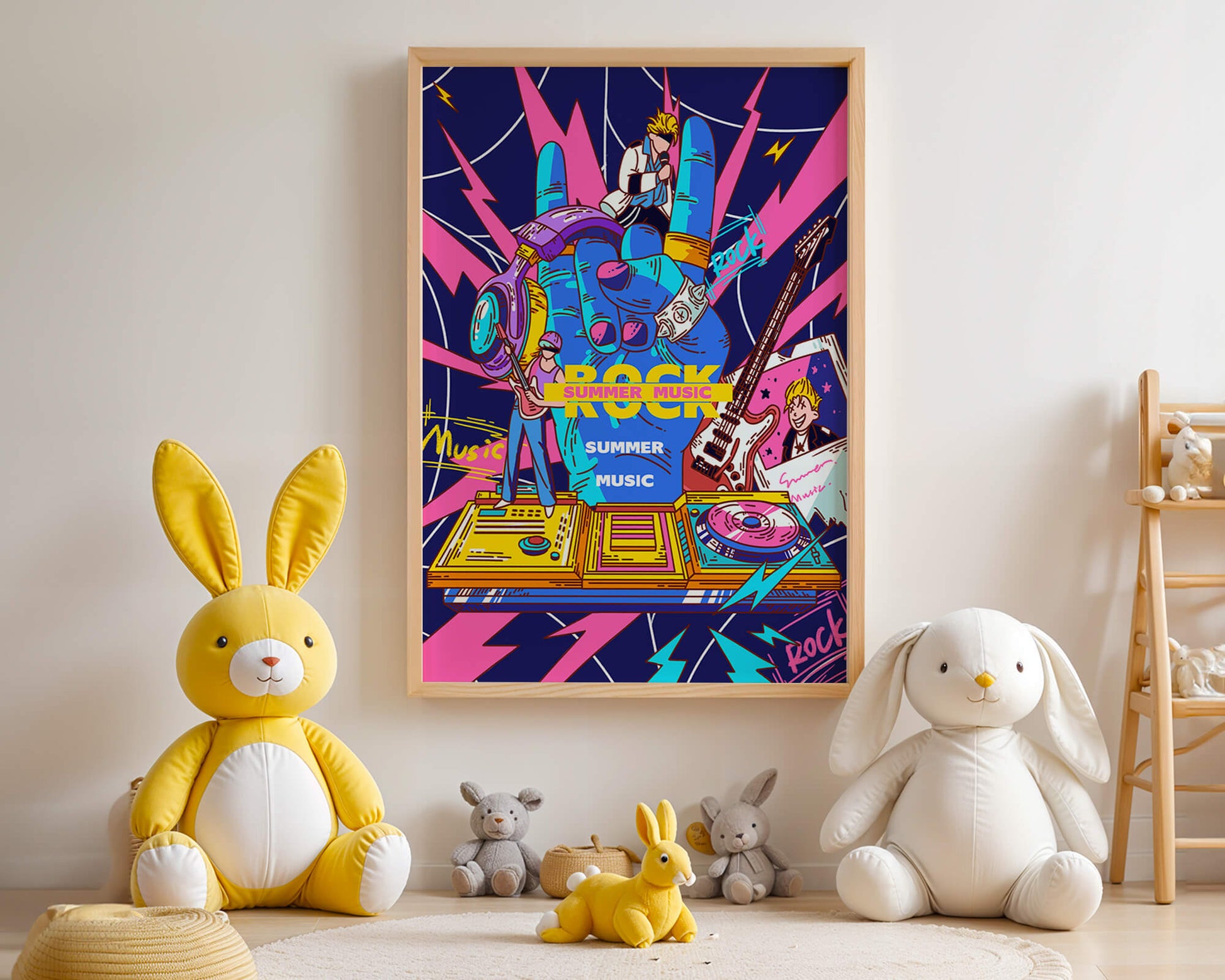 Ilustración temática vibrante de música rock con instrumentos y artistas